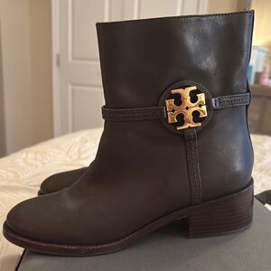 Tory Burch Brown Ankle Booties with Gold Emblem